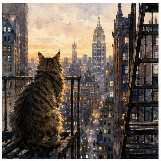 Кошка на пожарной лестнице Нью-Йорка