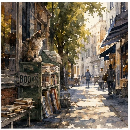 Кошка у книжного киоска на тихой городской улице